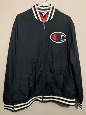 Champion Bomber Jacket Men's XL Navy Blue Zip Windbreaker Striped Cuffs NWOT